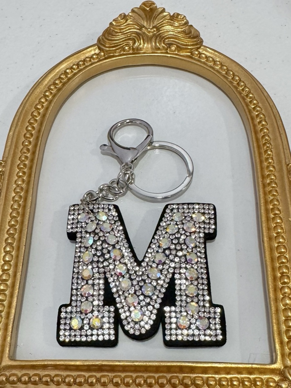 New M Rhinestone Initial Keychain Black & Silver - Picture 5 of 5